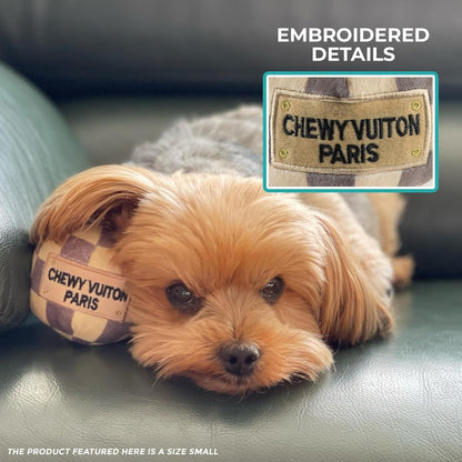 Haute Diggity Dog Checker Chewy Vuiton Ball, Plush Designer Dog Toys with Interactive Squeaker, Stimulating Pet Enrichment, Machine-Washable & Safe Materials for All Breeds, Size Medium