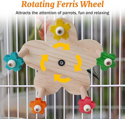 Bird Toy Rotating Perch Toy, Wooden Parrots Ferris Wheel Toy with 5 Colors Flower Holder Perches, Hanging Bird Stand Cage Accessories for Parakeet Parrot, Cockatiel, Budgerigar,Conure, Lovebirds (C)