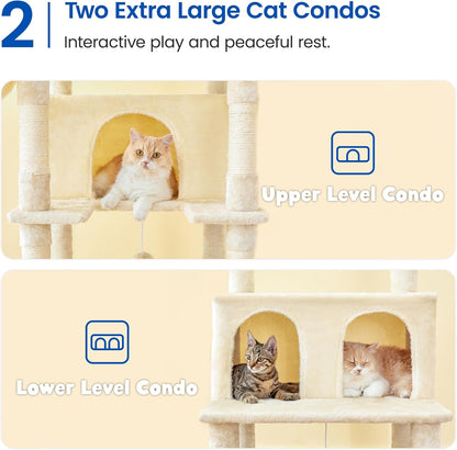 MWPO Extra Large Cat Tree, 77.6-Inch Tall Cat Tower for Indoor Cats with 2 Condos, Multi-Level Cat Stand for Large Cats, 3 Hammocks, Wide Perch, Scratching Posts, Dangling Toys, Beige