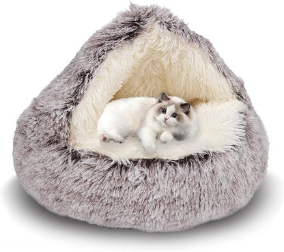 ShinHye Cat Bed Round Plush Fluffy Hooded Cat Bed Cave, Cozy for Indoor Cats or Small Dog beds, Soothing Pet Beds Doughnut Calm Anti-nxiety Dog Bed - Waterproof Bottom Washable, (23×23inch, Coffee)