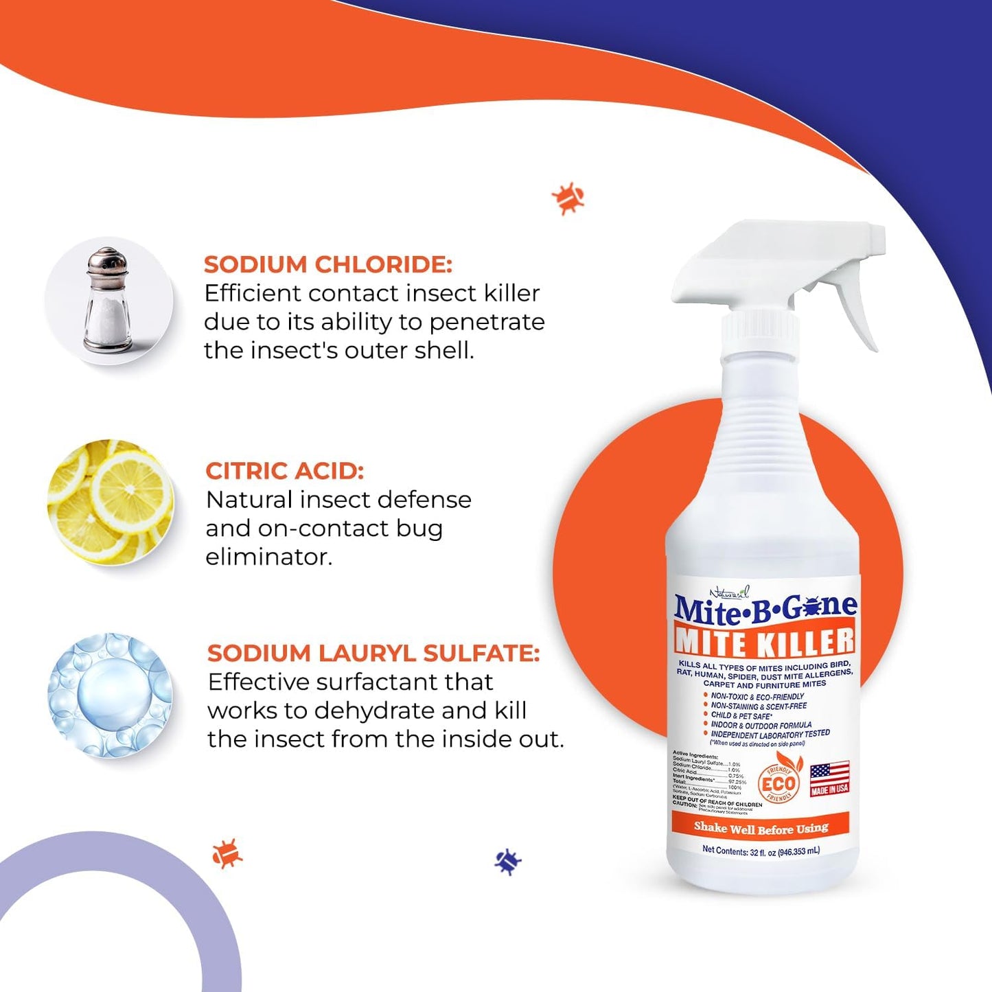 Mite Killer Spray by Mite-B-Gone — Kills Human Mites, Dust, Spider, Rat, Carpet & Bird Mites in Homes, Furniture, Bedding, Auto & On Animals | Non-Toxic | Kid & Pet Safe | 32oz Spray
