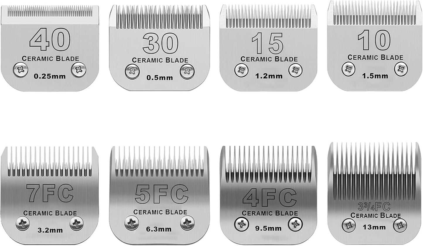 Size 40/30/15/10/7FC/5FC/4FC/3FC Detachable Pet Dog Grooming Clipper Ceramic Blades Set,Compatible with Andis,Oster A5,Wahl KM10 Series Clippers,Cut Length 1/100"(0.25mm) to 1/2"(13mm),8 Pack