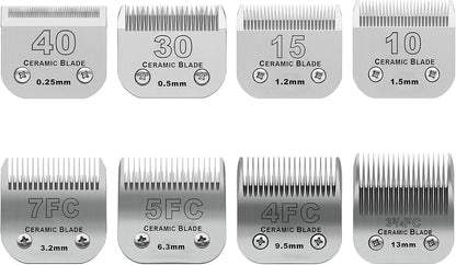 Size 40/30/15/10/7FC/5FC/4FC/3FC Detachable Pet Dog Grooming Clipper Ceramic Blades Set,Compatible with Andis,Oster A5,Wahl KM10 Series Clippers,Cut Length 1/100"(0.25mm) to 1/2"(13mm),8 Pack