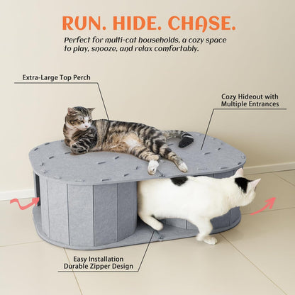 PETKARAY Large Felt Cat Tunnel, Double S-Shaped Hideaway for Indoor Cats, Interactive Cat Bed Cave and Hideout, 34x22.8x10.2 inches Grey