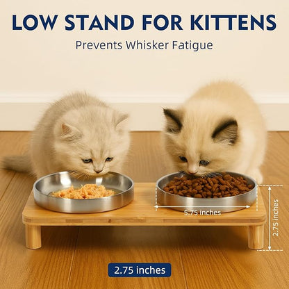 Elevated Cat Bowls for Indoor Cats – Raised Bamboo Cat Food Table with 2 Stainless Steel Dishes, Adjustable Height (4.25"/3.07"), Set of 1