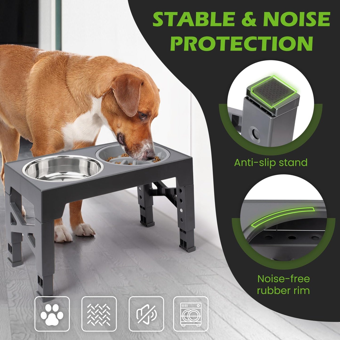 Heeyoo Elevated Dog Bowls - 5 Adjustable Heights Stand, 2 Stainless Steel Bowls & 1 Slow Feeder, Adjusts 3.2" to 12.2" for Small to Large Dogs