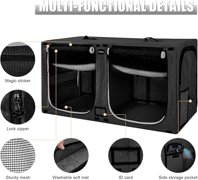 Huge Sapce Double Compartment Cat Travel Carrier with Litter Box & Homack | Cat Show Kennel Cage Crate with Mat & Water Bottle