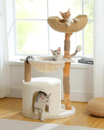 Modern Cat Tree for Large Cats, Wood Cat Tower for Indoor Cats, Real Branch Luxury Cat Furniture with Super Large Cozy Condo and Hammock & Scratching Post, Top Basket, White
