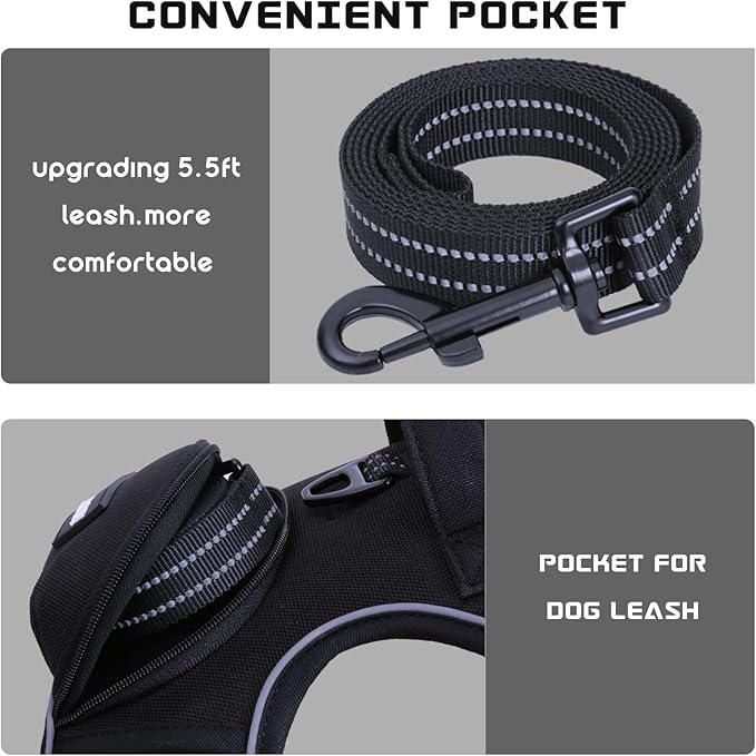 No Pull Dog Harness for Medium Dogs, Adjustable No Choke Pet Vest with Dog Leash Fit Smart Reflective Pet Walking Harness for Training Easy Control Soft Handle Black M