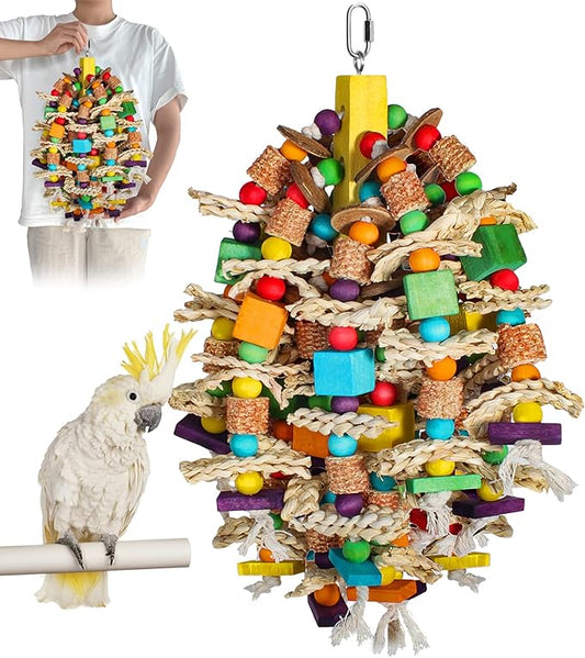 Medium Large Parrot Toys 20in Chewable Bird Toy with Coconut Shell, Poplar Wood, Corn Cob, 112 Schima Wood Beads Bird Shredding Toys Parakeet Macaw Cockatiel Conure African Grey Parrot Gifts