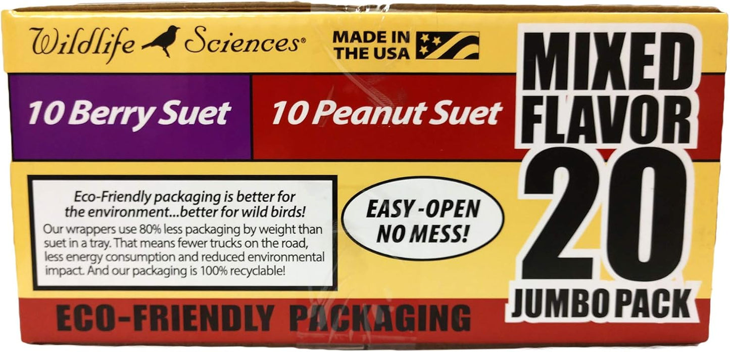 Wildlife Sciences Suet Cake Jumbo Mixed (Pack of 20) | 10 Peanut & 10 Berry 10.5 oz. Suet Cakes for Wild Birds