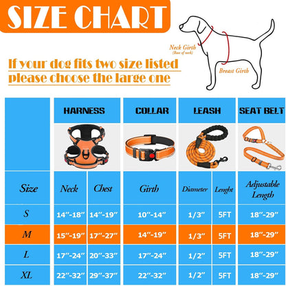 No Pull Dog Harness, Collar & Leash Set | Includes Dog Seat Belt, Collapsible Bowls & Poop Bag Dispenser. Ideal for Training, Walking, Hiking. Fits Small to Large Dogs(Orange-M)