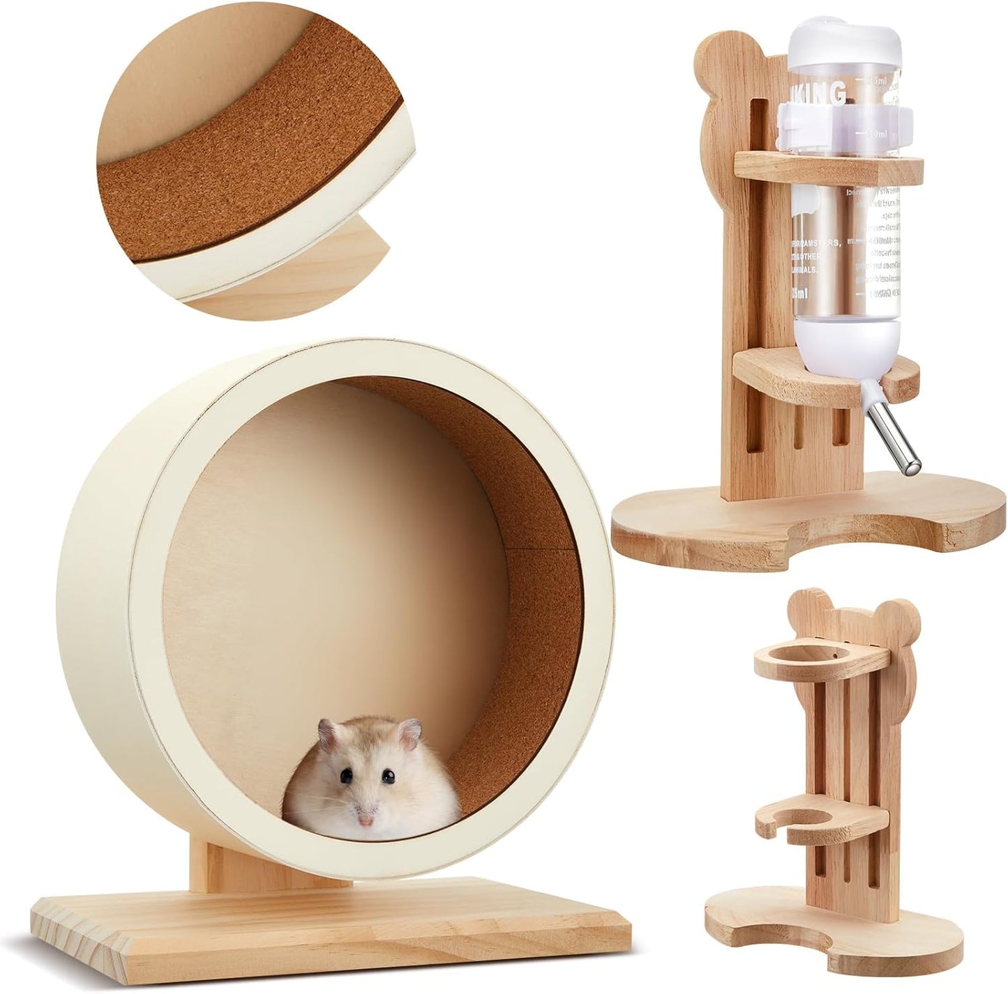 2 Pcs 7.9" M Size Wooden Hamster Wheels and Hamster Water Bottle Set Guinea Pig Running Silent Exercise Wheels Small Animal Water Dispenser Stand Holder for Guinea Pig Gerbil