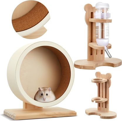 2 Pcs 7.9" M Size Wooden Hamster Wheels and Hamster Water Bottle Set Guinea Pig Running Silent Exercise Wheels Small Animal Water Dispenser Stand Holder for Guinea Pig Gerbil
