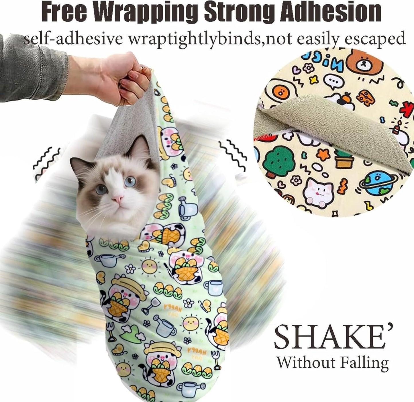 Cat Wrap for Cutting Nails, 27.6''x 27.6'' Self-Adherent Cat Grooming Wrap with Nail Clipper, Anti-Escape Calming Cat Swaddle Wrap for Medicine, Nail Clipping, Teeth Brushing, Ear Cleaning