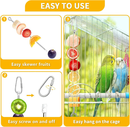 3 Pcs Bird Food Holder for Cage, Parrot Food Treat Skewer Hanging Fruit Vegetable, Stainless Steel Bird Foraging Toy for Cockatiel Parakeet Budgie Macaw Small Animals Feeder -Silvery, 3 Pcs