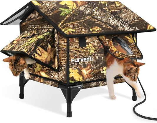 Heated Cat House for Outside,Extremely Weatherproof&Insulated in Winter,Elevated Outdoor Cat Shelter with Waterproof Eaves&Escape Door for Feral Stray Barn Cats(Leaves,S)