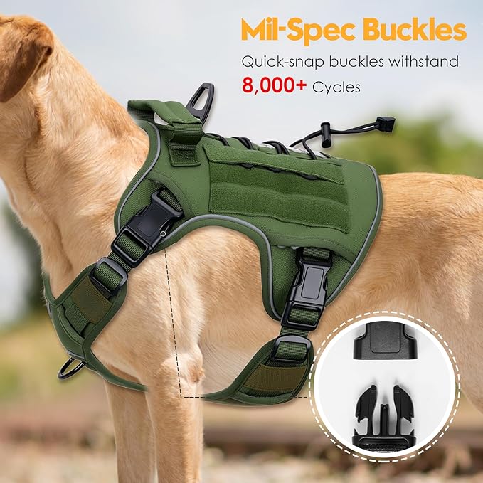 Heavy-Duty Tactical Dog Harness for Large Dogs, No Pull Adjustable Reflective Pet Vest with Molle System, K9 Military-Grade Control for Service Training, Outdoor & 10+ Breeds, Green, Large