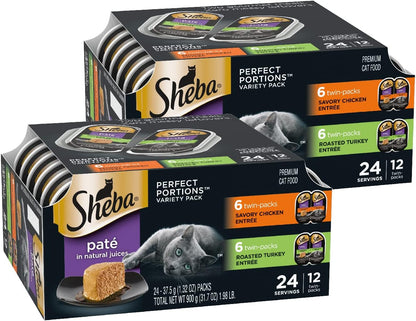 Sheba Perfect Portions Wet Cat Food Pate Savory Chicken Entree and Roasted Turkey Entree Variety Pack, 2.6 oz. Twin Pack Trays (12 Count, 24 Servings) (Pack of 2)