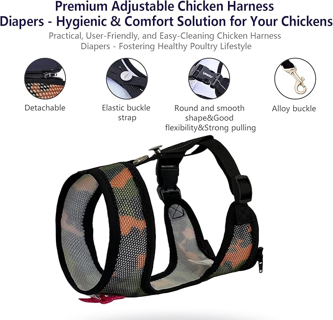 Adjustable Chicken Harness Diaper (5.4ft Leash) – Breathable & Washable Secure Training for Hens, Ducks & Chicks | Outdoor Walking & Discipline Solution (Large, Camouflage Green)
