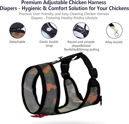Adjustable Chicken Harness Diaper (5.4ft Leash) – Breathable & Washable Secure Training for Hens, Ducks & Chicks | Outdoor Walking & Discipline Solution (Large, Camouflage Green)