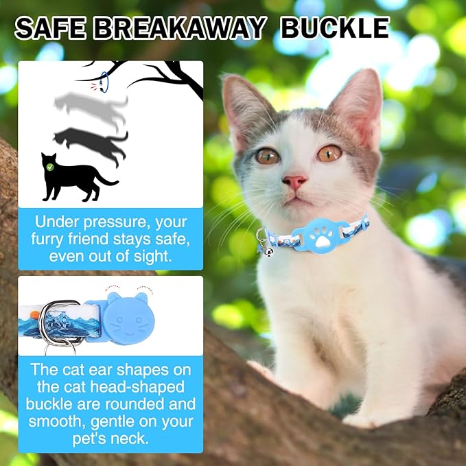 Airtag Cat Collar Breakaway, Cute GPS Cat Tracker Collars with Air Tag Holder, Safety Cat Collars with Bell & Pendant for Girl Boy Cats, Blue