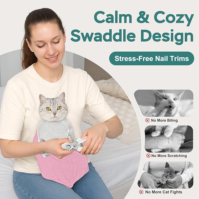Self-Adhesive Cat Grooming Wrap, Cozy Cat Wrap for Cutting Nails, Breathable Anti-Scratch Cat Swaddle Bag for Brushing, Ear Cleaning, Dental Care, Medication, Injections,Pink L