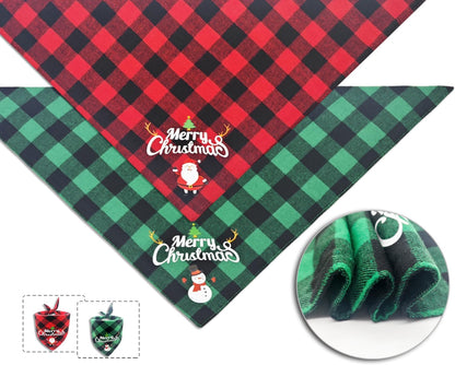Christmas Dog Bandanas Classic Plaid Triangle Holiday Scarf with Santa and Snowman Print,Winter Pet Outfit for Boy and Girl Dogs,Red Green Plaid Dog Costume for Medium to Large Dogs
