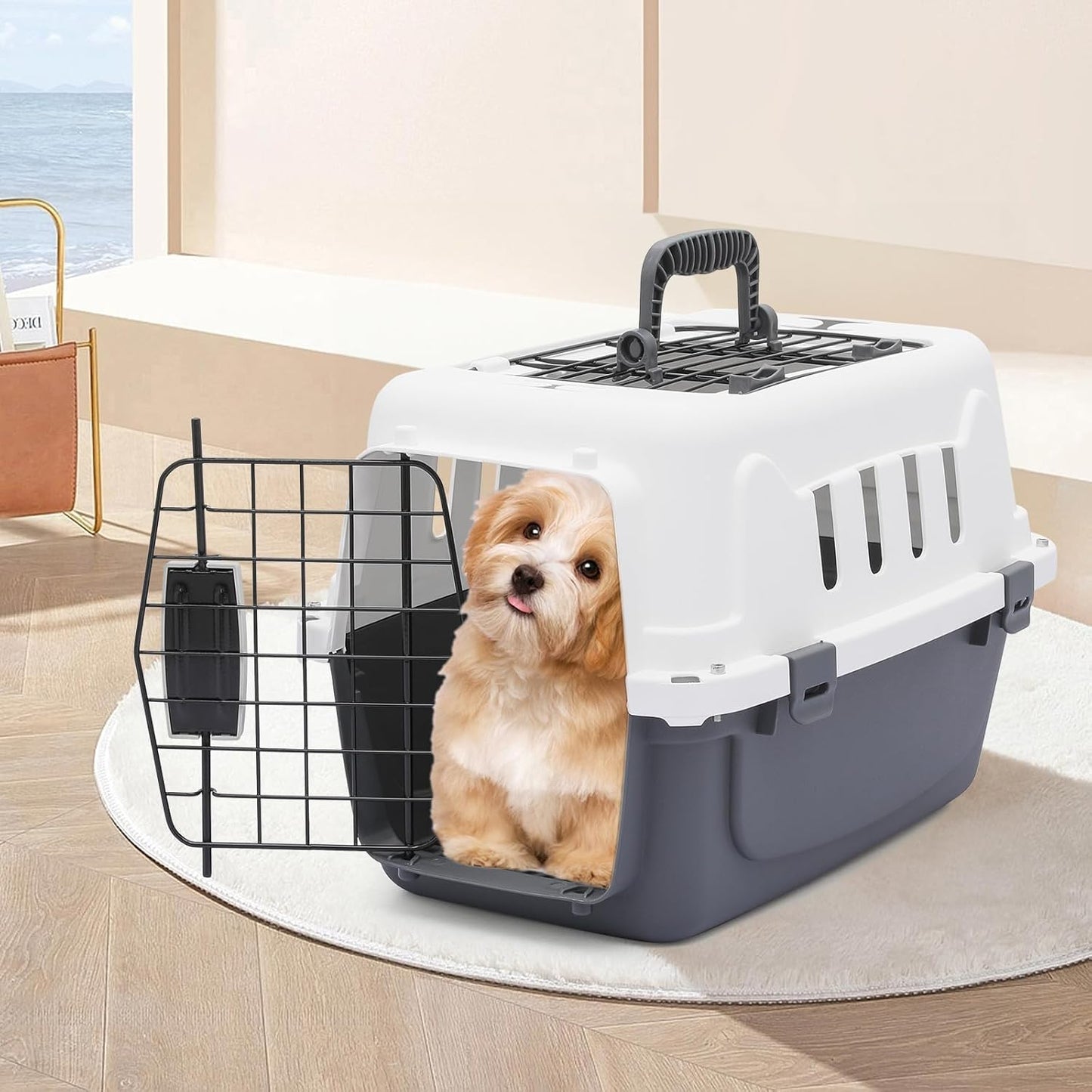 MoNiBloom 18-Inch 2-Door Top Loading Cat Carrier, Plastic Dog Crate Hard-Sided Dog Travel Carrier for Small Dogs and Cats, Ventilation and Security Lock Design for Pets up to 10 lbs (Grey)