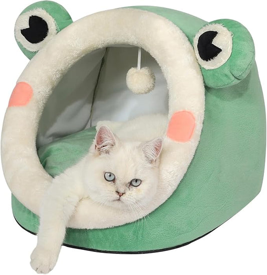 Jiupety Cute Cat Bed, Indoor Lovely Velvet Igloo for Cat and Small Dog, Warm Cave Sleeping Nest Bed for Puppy and Kitten, Green Frog, M