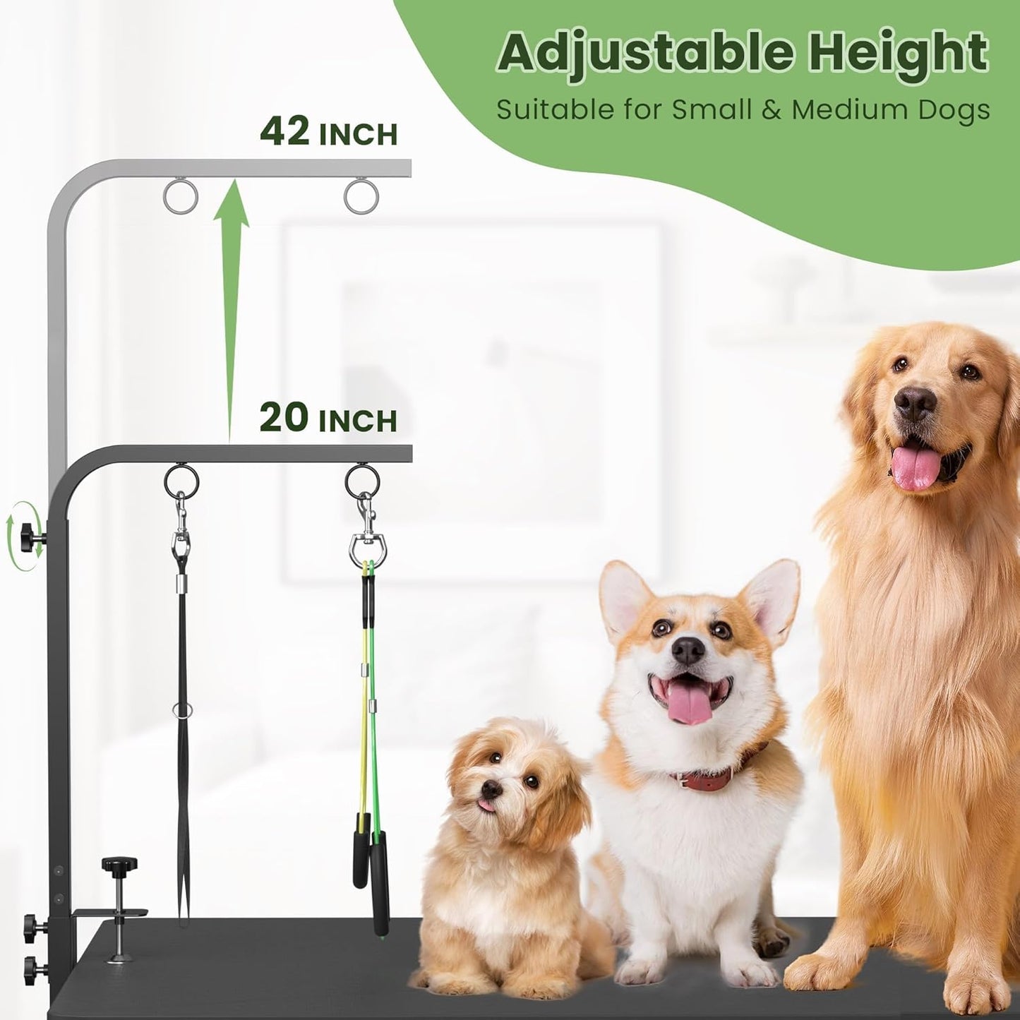 Adjustable Dog Grooming Arm with Clamps: 42" Height-Adjustable Pet Grooming Stand with Hammock and No-Sit Haunch Holders, Ideal for Home Grooming, Trimming, and Nail Clipping (Table Not Included)