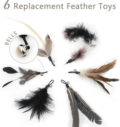 SONGWAY Interactive Cat Feather Toy Set - Retractable Teaser Wand with 6 Pcs Feather Refills with Bell, Cat Wand Toys for Indoor Cats Kittens Play Chase Exercise, Black