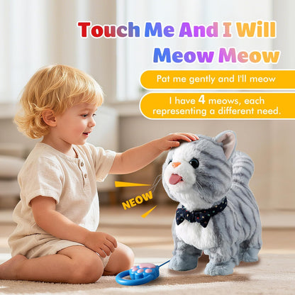 Gray Leash Walking Cat Set Interactive Talking Cat Singing Dancing Kitten Mimicking Repeat What You Say Kitty Touch and Voice Control Nodding Wagging Tail Plush Electric Kitty for Kid Gril