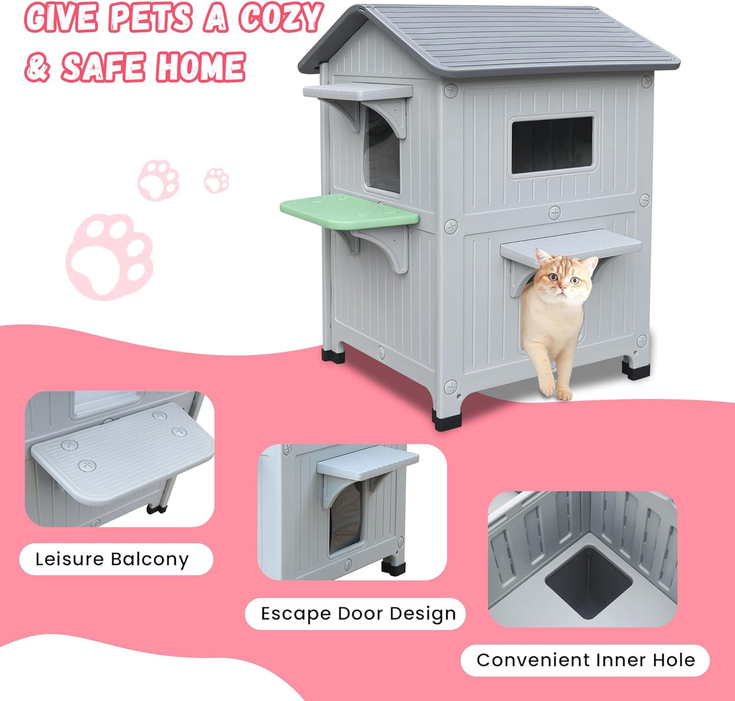 Plastic 2 Story Outdoor Cat House with Soft Mat,Insulated Cat House for Outdoor Cats with Escape Door, Waterproof Outside Cat Shelter, Clean and Assemble Easily