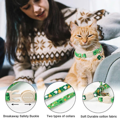 ARING PET 2 Pack St. Patrick's Day Cat Collars-Cute Green Clovers Cat Collar Breakaway with Bell&Pendant, Adjustable Lucky Trefoil Kitten Collars with Safety Buckle