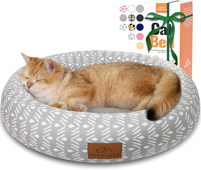 Cat Bed, 20In Dog Beds for Small Dogs, Calming Cat & Dog Beds for Indoor Pets, Pet Beds Comfortable Donut Round Ultra Soft (Grey Pattern, 20.0" L x 20.0" W x 6.5" Th)