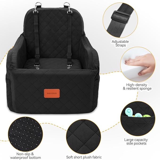 Small Dog Car Seat, Memory Foam Dog Booster Car Seats with Thick Cushion for Medium Dogs Under 35lbs, Detachable Washable Pet Carseat with Storage Pockets(Black, Medium)
