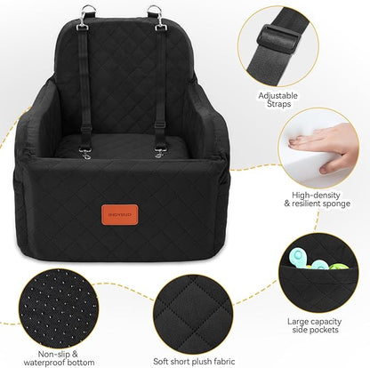 Small Dog Car Seat, Memory Foam Dog Booster Car Seats with Thick Cushion for Medium Dogs Under 35lbs, Detachable Washable Pet Carseat with Storage Pockets(Black, Medium)