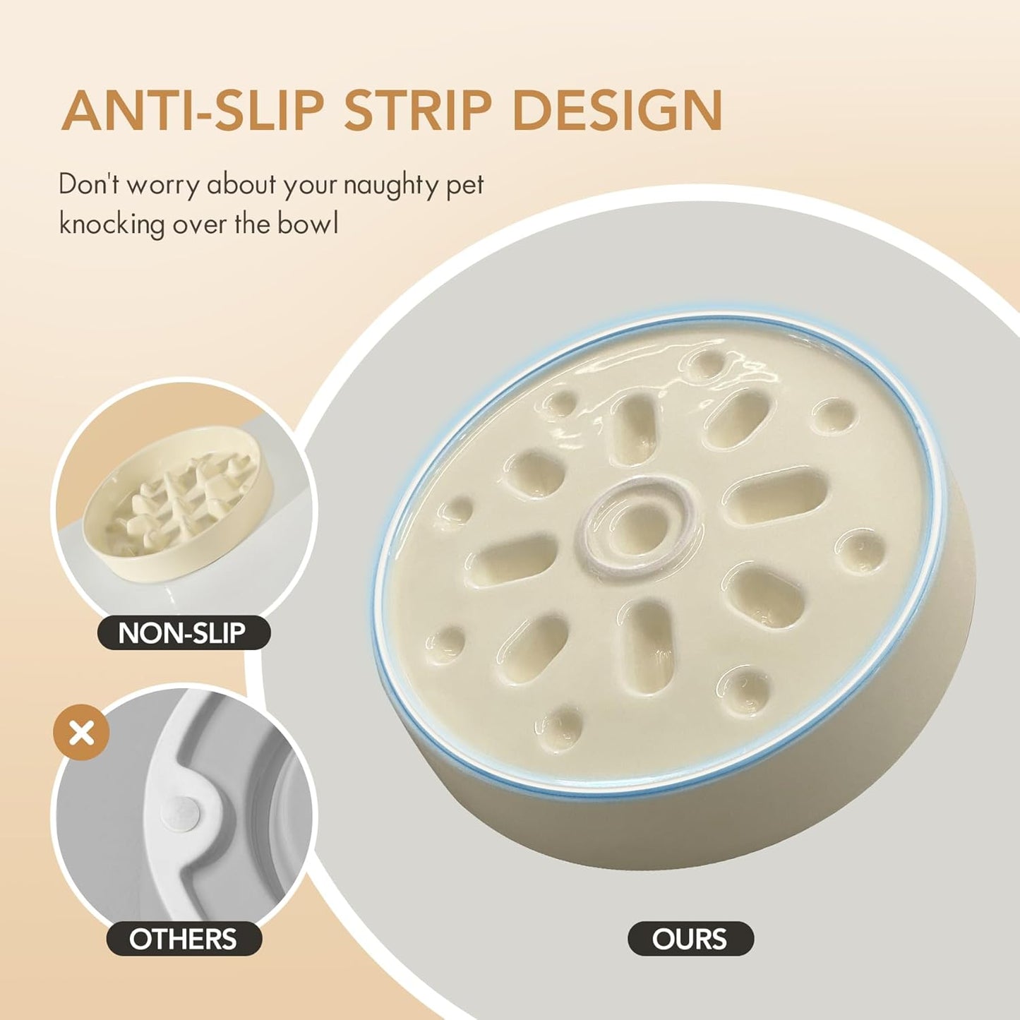 Ceramic 1.6 Cup Dog Raised Slow Feeder Set, Elevated Bowl with Wooden Stand for Medium and Large Dog, 8.2inch Slow Feeder Dish for Fast Easters, Anti-Gulping(Beige, Single Bowl+ Stand)