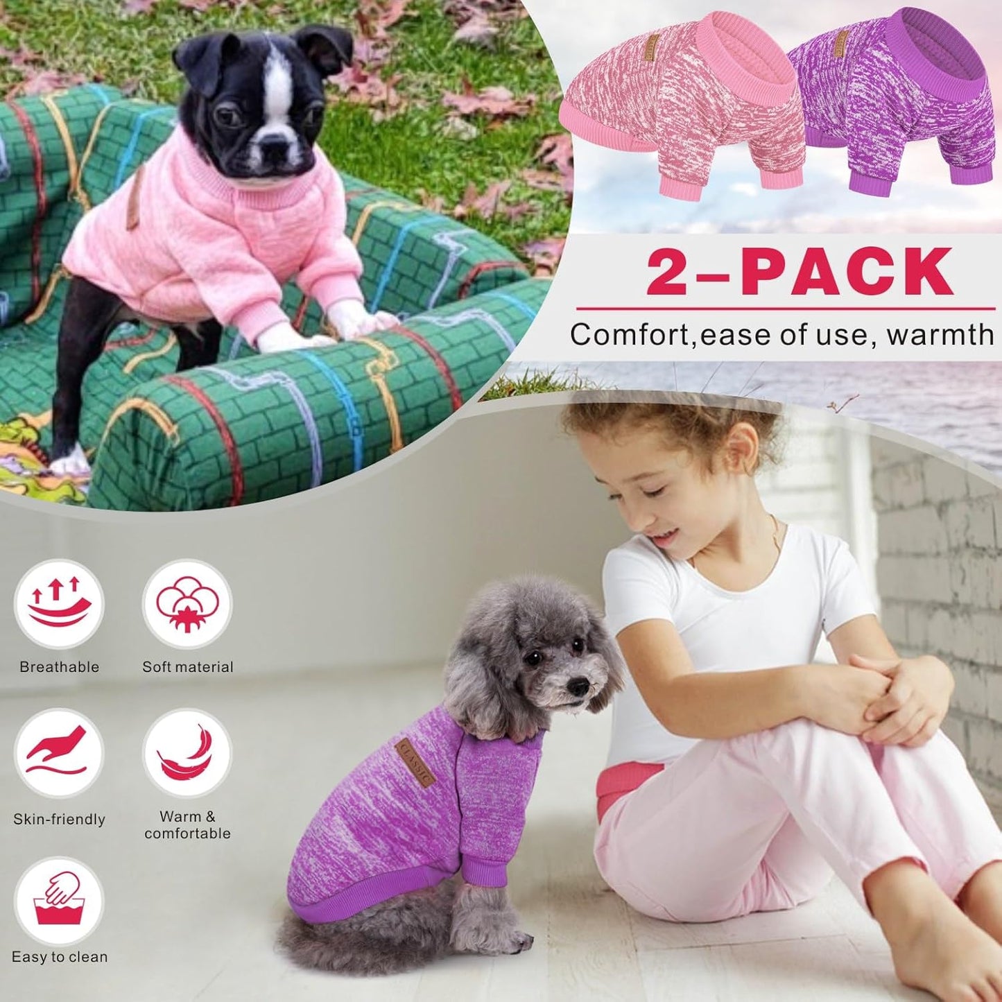 2 Pieces Pet Dog Classic Knitwear Sweater, Fleece Coat for Small,Medium Dogs,Warm Pet Dog Cat Clothes,Soft Puppy Customes for Chihuahua Yorkshire Tzu (Pink Purple,XXS)