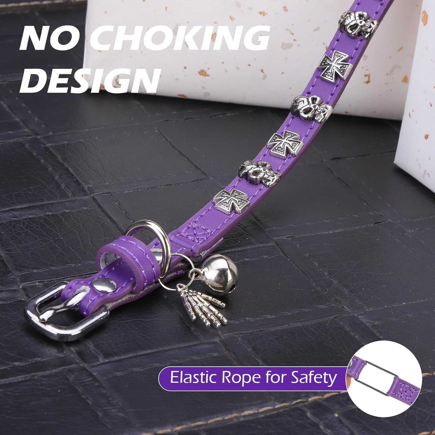 EXPAWLORER Leather Cat Collar for Girl Boy- Adjustable Pet Collar with Safety Elastic Belt,Personalized Punk Accessories Buckle Collars with Bell & Durable D-Ring, Skull(Purple)