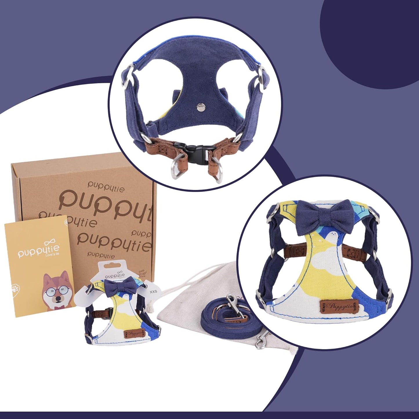 Puppytie No Pull xs Dog Harness with Multifunction Dog Leash,Soft Adjustable No Choke Escape Proof Pet Harness Vest,Suede Bow Navy,XS