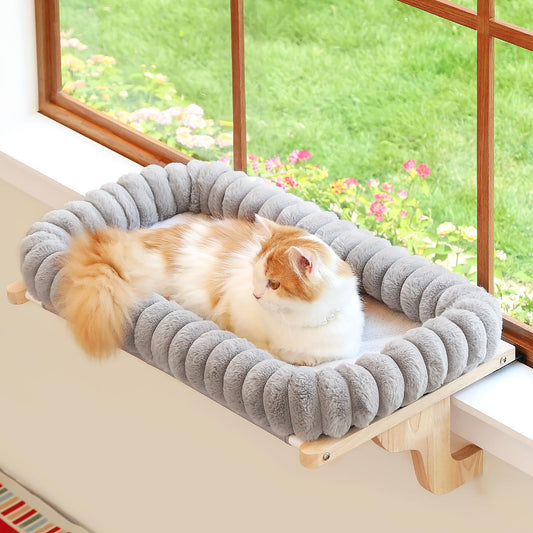 Zakkart SnugCloud Cat Perch for Window Sill with 4-Sided Bolster - Orthopedic Cat Window Hammock - Solid Hardwood & Metal Frame - Window Seat for Pets (Natural Color Wood w/Gray Bed, Medium)