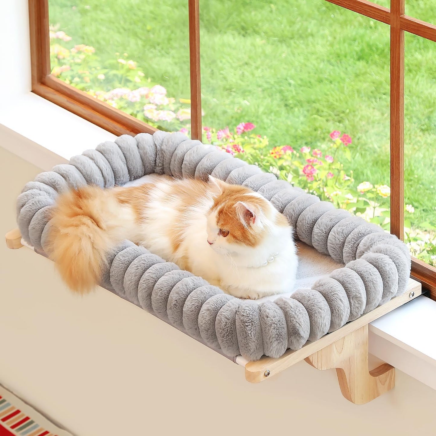 Zakkart SnugCloud Cat Window Perch with 4-Sided Bolster - Orthopedic Cat Hammock for Window Sill - Solid Hardwood & Metal Frame - Window Seat for Pets (Natural Color Wood w/Gray Bed, Large)