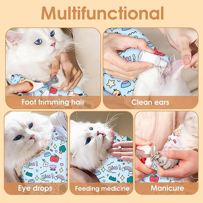 Cat Grooming Wrap for Cutting Nails, 27.5 * 27.5in Self-Adherent Cat Scratching Blanket for Nail Clipping Ear Cleaning Teeth Brushing Cats Anti-Scratch/Escape Swaddle Restraint Bag (Blue)
