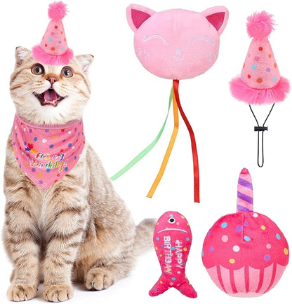 BINGPET Catnip Toys for Indoor Cats, Cat Birthday Hat and Interactive Plush Kitten Chew Toys - Cute Cake, Fish, Balloon Toys with Crinkle Paper and Catnip Inside Pink