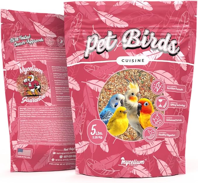 Mycelium Pet Bird Cuisine Bird Food (5 LB Bag) | Organic Parakeet Food, Cockatiel & Lovebird Seed Mix | High Protein, Vitamins & Minerals with Fruits & Vegetables | Non-GMO, USA Made