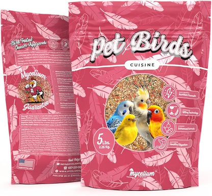 Mycelium Pet Bird Cuisine Bird Food (5 LB Bag) | Organic Parakeet Food, Cockatiel & Lovebird Seed Mix | High Protein, Vitamins & Minerals with Fruits & Vegetables | Non-GMO, USA Made