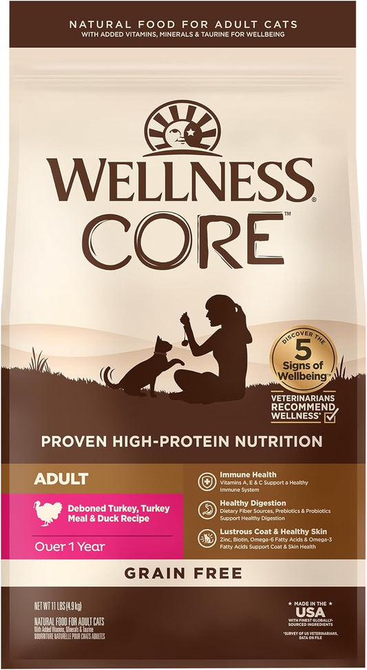 Wellness CORE Adult Dry Cat Food for Indoor & Outdoor Cats, Grain-Free, Natural, Turkey, Turkey Meal and Duck (11 Pound Bag)