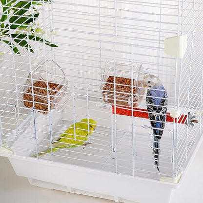 IBWell 2 Pack Clear Water Bowl and Food Container - Bird Cage Feeder With Perch for Parakeets - No Mess Design
